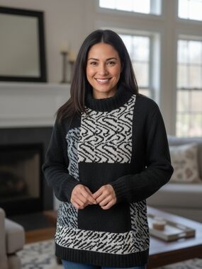 Women's Black Patterned Turtleneck Sweater